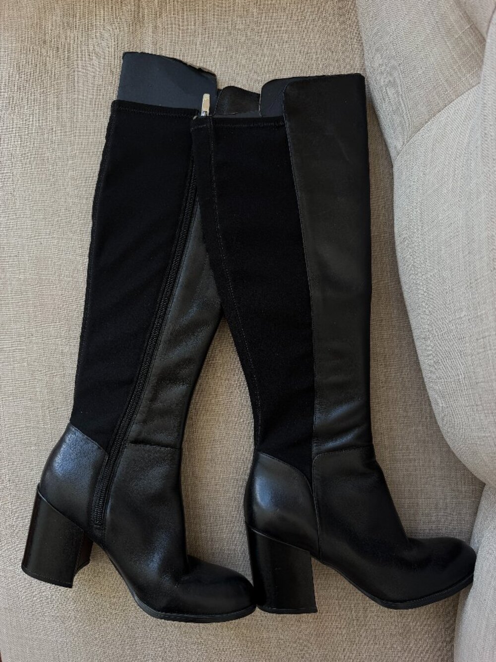 Black Leather Knee-High Block Heel Boots